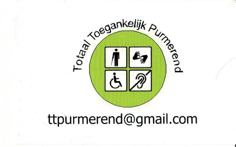 Logo van Toegankelijk Purmerend met iconen voor toegankelijkheid en contactinformatie.